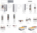 SZAFA GARDEROBA MŁODZIEŻOWA NAROŻNA Meblar SIGMA System SI1 - Beton / Biały Lux / Dąb z drążkami, półkami i szufladami