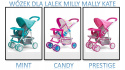 Milly Mally Wózek dla lalek Kate spacerówka składany Prestige Mint tacka do karmienia pasy składana budka kosz na akcesoria